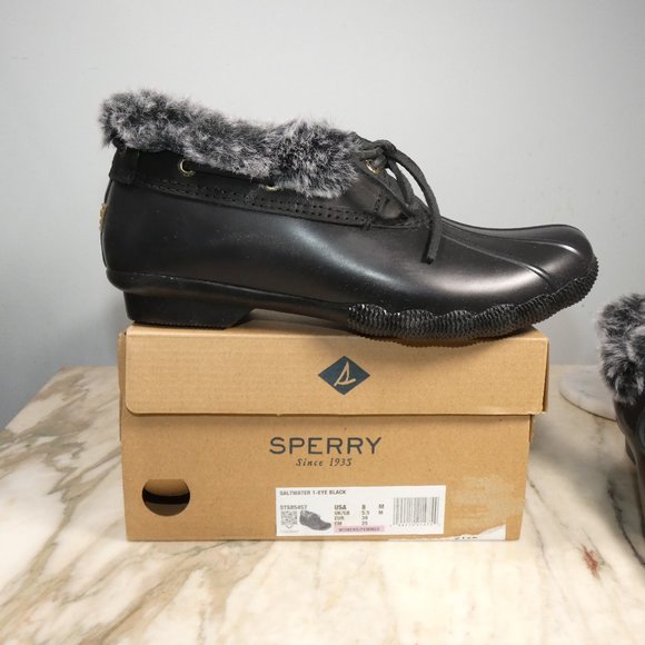 Sperry Faux Fur Saltwater 1-Eye Rain Boot, Black/Black, Duckboot Shoe 8 - Picture 3 of 10